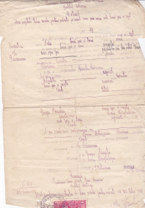 AMS - EXTRACT DIN REGISTRELE STARII CIVILE PENTRU NASCUTI ANUL 1928