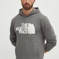 The North Face hanorac de bumbac barbati, culoarea gri, cu glugă, cu imprimeu, NF0A87ET0UZ1