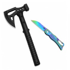 Set topor si briceag metalic DEPOX&reg;, otel inoxidabil, negru/multicolor, 42 cm/15 cm, teaca inclusa