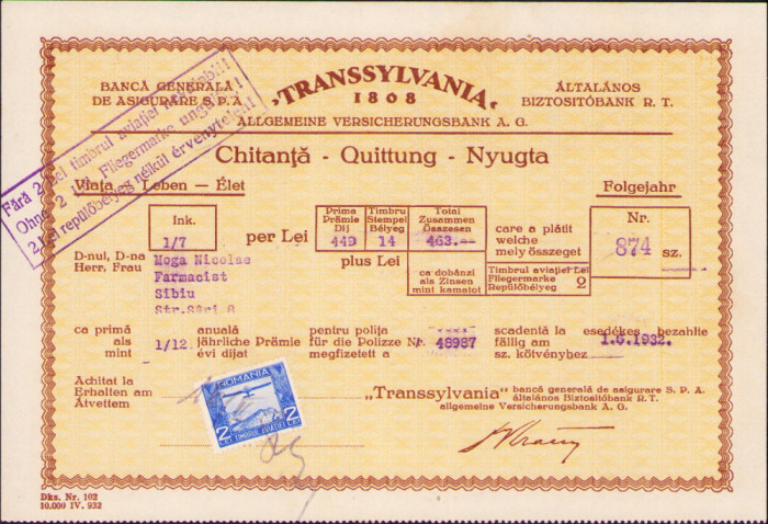 HST A992 Chitanță Asigurări Transsylvania 1932