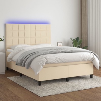 vidaXL Pat cu arcuri, saltea și LED, crem, 140x190 cm, textil 3134874 foto