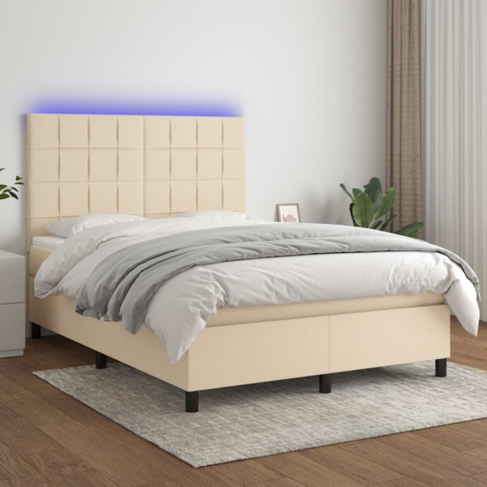 vidaXL Pat cu arcuri, saltea și LED, crem, 140x190 cm, textil 3134874