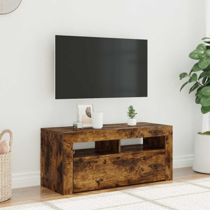 vidaXL Comodă TV cu lumini LED, stejar fumuriu, 90x35x40 cm
