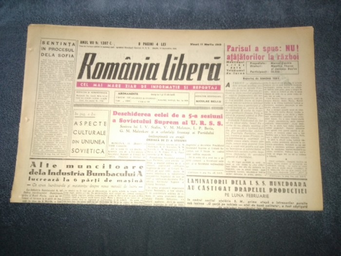 ZIARUL ROMANIA LIBERA 11 MARTIE 1949