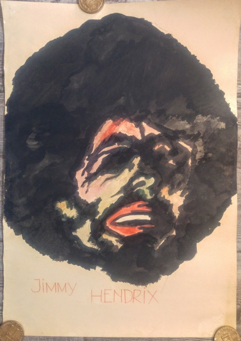 Caricatura Jimmi Hendrix, marele chitarist// acuarela pe hartie, fan art