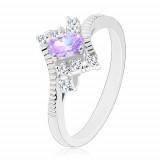 Inel lucios de culoare argintie, zirconiu oval violet deschis, zirconii transparente - Marime inel: 52