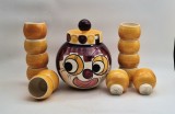 Set Punch din ceramica pictata manual CLOVN Alen, Germania anii 1960s produs de St&uuml;tzel &amp;Sachs bol cu capac si 12 pahare petrecre copii Halloween