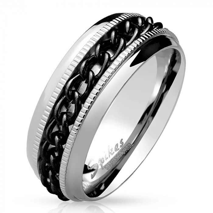 Inel din oțel inoxidabil - lanț negru, creste, culoare argintie - Marime inel: 65