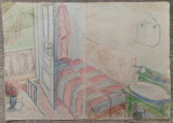 Scena de interior// creioane colorate pe hartie, Borsec, perioada interbelica, Istorice, Acuarela, Altul
