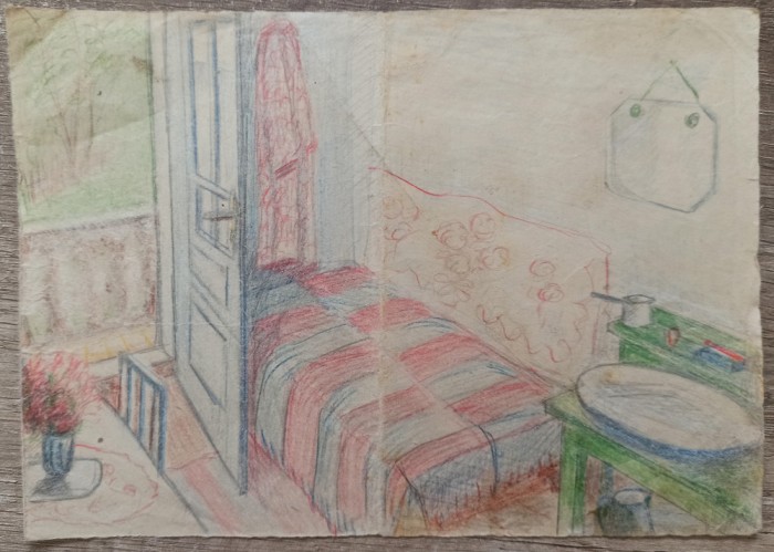 Scena de interior// creioane colorate pe hartie, Borsec, perioada interbelica