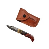Cumpara ieftin Cuțit de buzunar otel damasc, pliere cu blocare, m&acirc;ner din lemn, teacă piele inclusă , multicolor, 17 cm