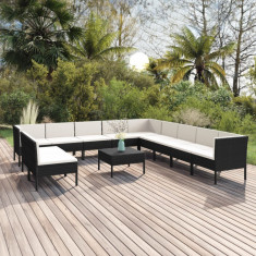 vidaXL Set mobilier de grădină cu perne, 12 piese, negru, poliratan