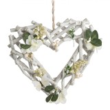 Decorațiune Suspendabilă, Inimă Impletită, Flori &amp; Fluture, Lemn, 30x5x29cm, Alb