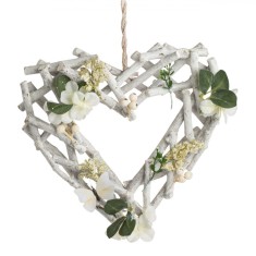 Decorațiune Suspendabilă, Inimă Impletită, Flori &amp; Fluture, Lemn, 30x5x29cm, Alb