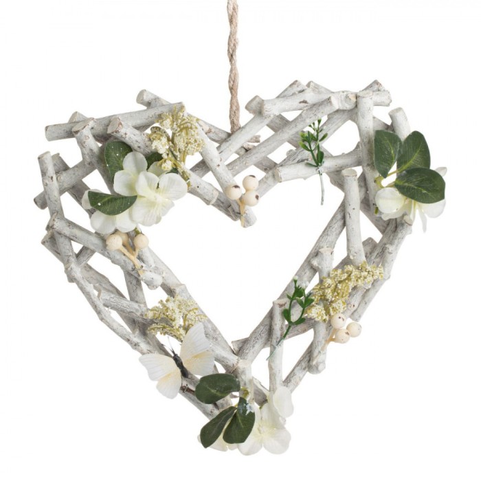 Decorațiune Suspendabilă, Inimă Impletită, Flori &amp; Fluture, Lemn, 30x5x29cm, Alb