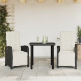 Set Bistro 3 Piese vidaXL, Negru, Poliratan, Perne Incluse, Scaune Rabatabile, Masa Sticla 80x80cm, Gradina/Balcon
