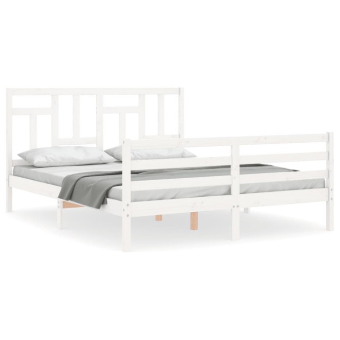 Cadru de pat cu tablie, alb, king size, lemn masiv