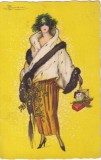 Ilustratie cu o femeie in haina de blana cu cadouri si vasc (circulata 1925)