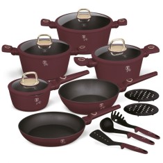 Set de oale si tigai cu capace, 15 piese Leonardo Collection Berlinger Haus BH 8051, antiaderente, strat titan, visiniu mat, inductie, design elegant,