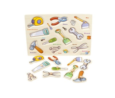 Puzzle incastru, 9 piese, unelte, din lemn, cu maner, + 3 ani foto