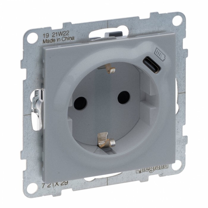 Priza schuko simpla 2P+T cu USB tip C Legrand Suno aluminiu 721329