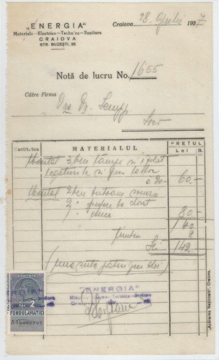 Romania, Energia, Materiale - Electrice - Technice - Sanitare, Nota de lucru (I), Craiova, 1937
