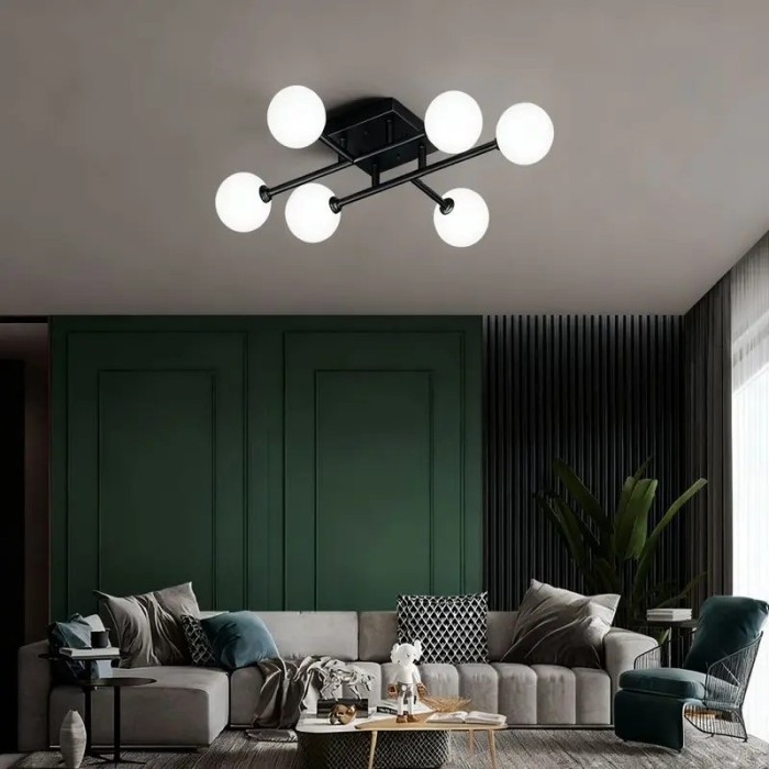 Lustra neagra cu 6 globuri albe din sticla, dulie E27, dimensiune 78x78x18 cm