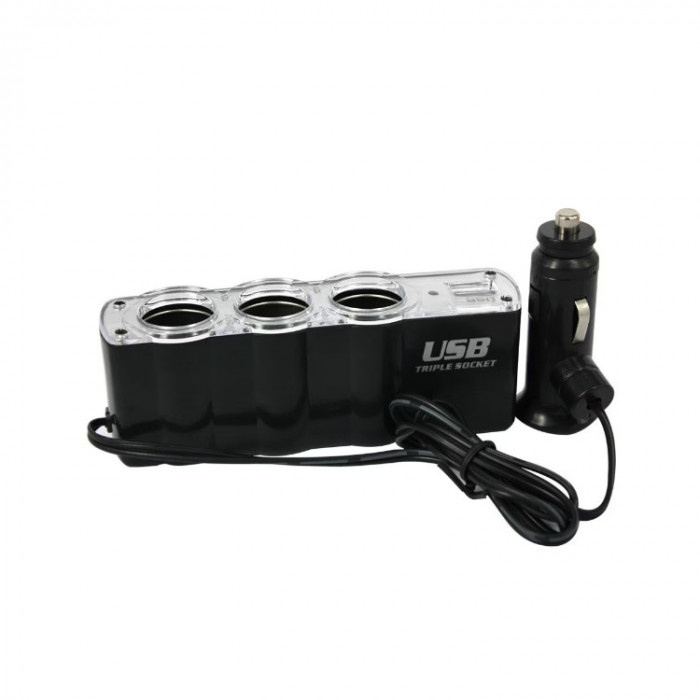 Priza auto tripla pentru bricheta, CA24, USB, 60W