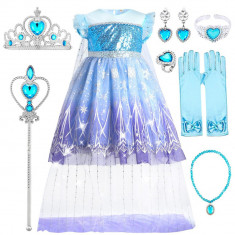 Costum Frozen Elsa pentru Fetite - Rochie de Printesa pentru Copii, pentru Zi de Nastere si Halloween, 7-8 ani 140 7 ani Elsa Albastru 1 bagheta magic