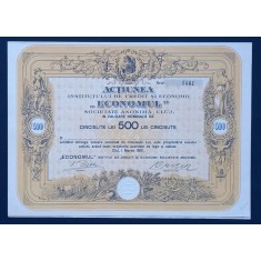 ,,Economul&rdquo; Cluj - Institut de Credit și Economii, Acțiune : 500 Lei 1931.