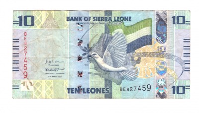 Bancnota Sierra Leone 10 leones 27 aprilie 2022, circulata, stare relativ buna foto