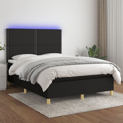 vidaXL Pat cu arcuri, saltea și LED, negru, 140x190 cm, textil 3135351 foto