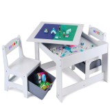 Masa cu scaune pentru copii si tabla compatibila cu piese LEGO, din MDF, Sertare Depozitare, Organizator Jucarii, Tabla de Scris, Desenat, Studiat. Al