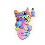 Brosa martisor pisica cu mesaj: O primavara vesela!