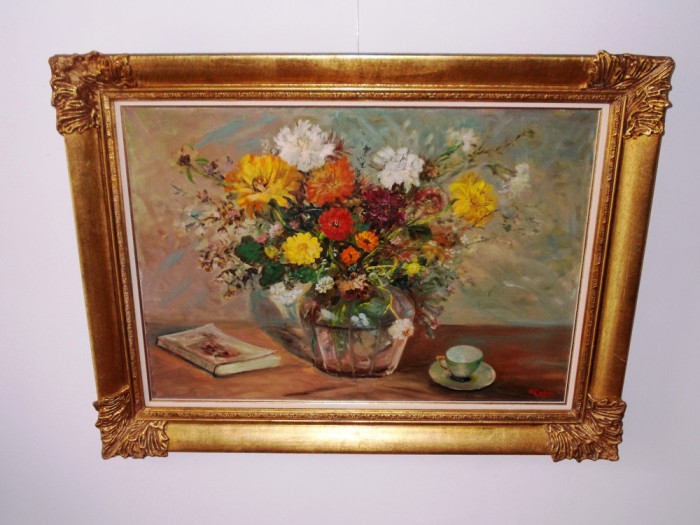 &quot;Natura statica cu flori, carte si ceasca&quot;,ulei/panza,tablou de exceptie!, 86x67