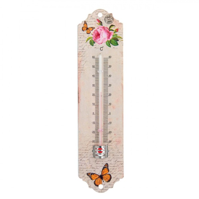 Termometru Metalic, Flori și Fluturi, Roz, 20cm