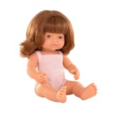 Papusa educativa 38 cm fetita roscata, in salopeta roz, corp parfumat, MINILAND