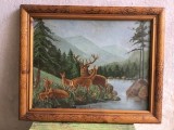 arta / design - Pictura ulei pe carton peisaj montan cu cerb si caprioare in rama din lemn !