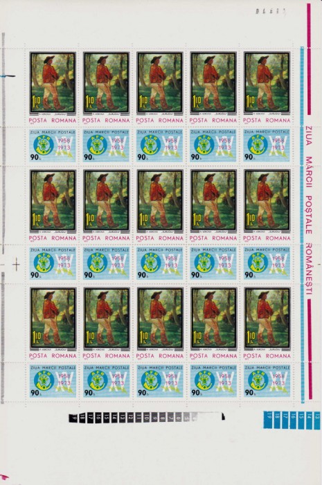 ✅RO 1973 , LP 834 ,&quot; Ziua marcii postale romanesti&quot; , serie in coala de 15 serii + viniete AFR ,MNH