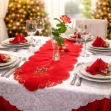 Set fata de masa alba si broderie rosie - 6 persoane