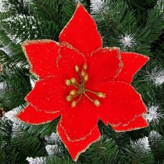 Set 10 ornamente pentru bradul de Craciun, stea Poinsettia, 13cm, rosu cu sclipici Household NewTrend