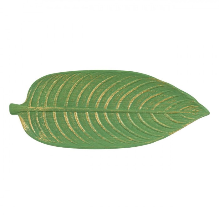 Suport Potpourri Lemn, Frunza Verde Brushed, Detalii Aurii, 45x18cm