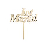 Topper pentru tort din lemn, model Just Married, 13 x 14 cm