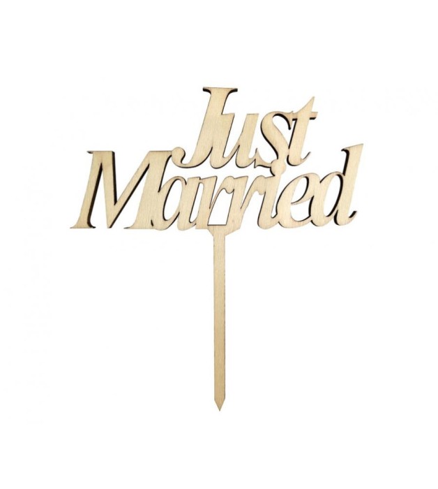 Topper pentru tort din lemn, model Just Married, 13 x 14 cm