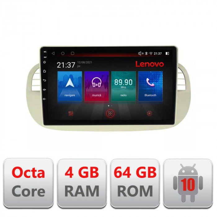 Navigatie dedicata Fiat 500 intre anii 2007-2015 Android radio gps internet Lenovo Octa Core 4+64 LTE Kit-fiat500+EDT-E509-PRO CarStore Technology