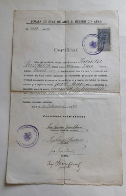 CERTIFICAT SCOALA DE STAT DE ARTE SI MESERII ARAD 1922 foto