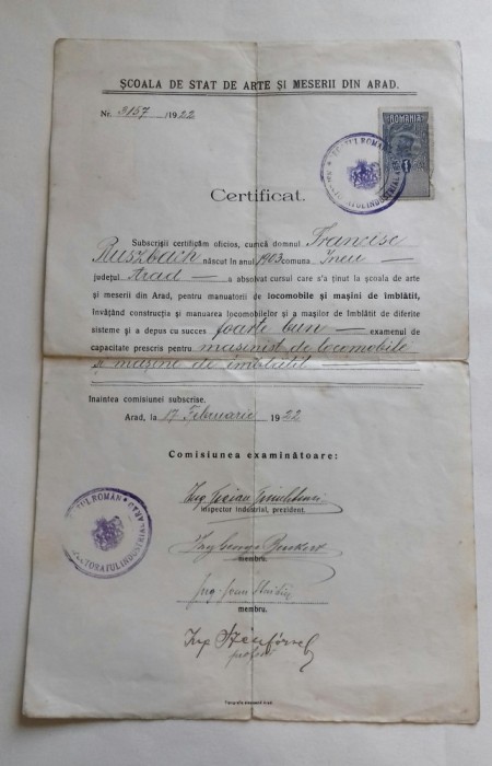 Certificat &ndash; Scoala de meserii, Arad, 1922