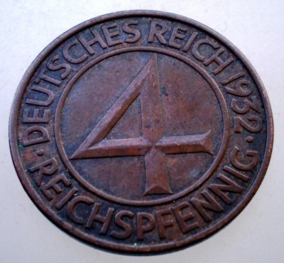 F.543 GERMANIA WEIMAR 4 REICHSPFENNIG 1932 F foto