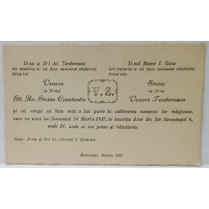 INVITATIE LA CUNUNIA RELIGIOASA , FORMAT CARTE POSTALA , 1937