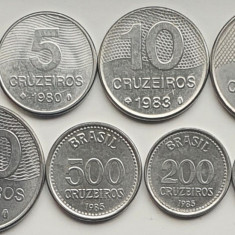 set 8 monede Brazilia 1 5 10, 20, 50, 100, 200, 500 cruzeiros 1979-1986 UNC-A025